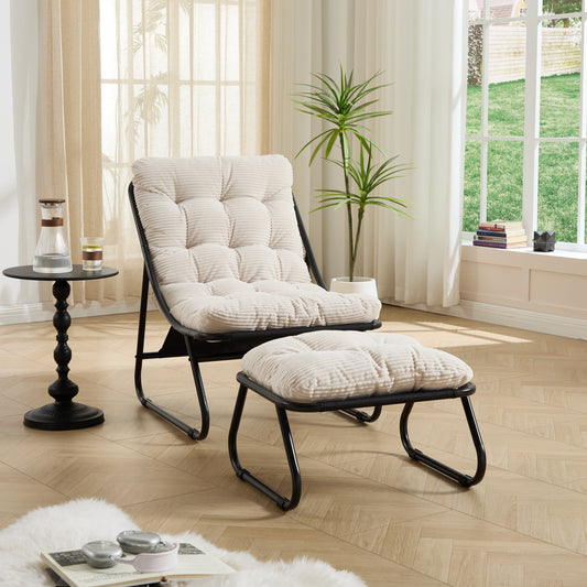 Patio Outdoor Lounge Chair with Ottoman, Comfy Sling Recliner Chair with Puffy Cushion and Foot Stool, Ideal, Reading Room