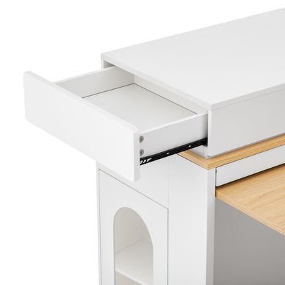 [VIDEO] TREXM Extendable Dining Table with Folding Tabletop, Bar Table with Drawers and Power Outlet, Kitchen Island with Wheels and Hooks, Sideboard for Kitchen and Dining Room (Creamy White+Natural)
