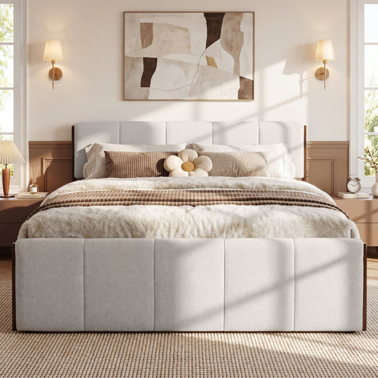 King Size Upholstered Bed Frame, Walnut Wood Trim with Grey Fabric, Pine Wood with MDF, 600 LBS Weight Capacity, Fits 8"-10" Mattress, No Box Spring Needed