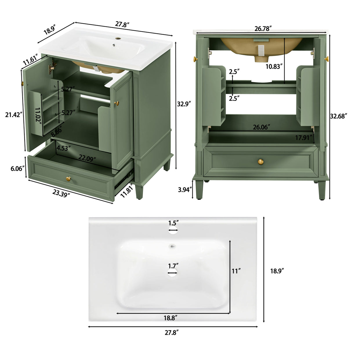 27.8" Modern Bathroom Vanity Set with Reinforced Legs & Painted Surface, Mid-Century Freestanding Bathroom Vanity Sink with Storage, High-end Restroom Vanity Cabinet with Drawer& Hidden Storage Shelvs