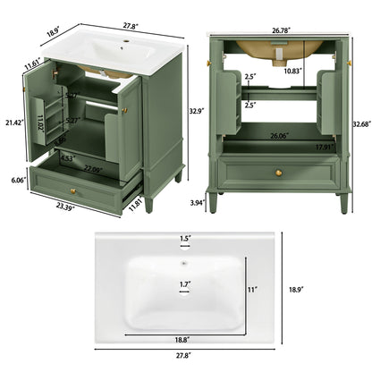 27.8" Modern Bathroom Vanity Set with Reinforced Legs & Painted Surface, Mid-Century Freestanding Bathroom Vanity Sink with Storage, High-end Restroom Vanity Cabinet with Drawer& Hidden Storage Shelvs