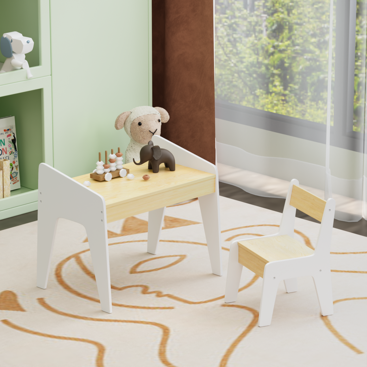 Kids Table Set with One Chair, Wooden Children Study Table, 2-8 Age Kids Funiture, White+Natural