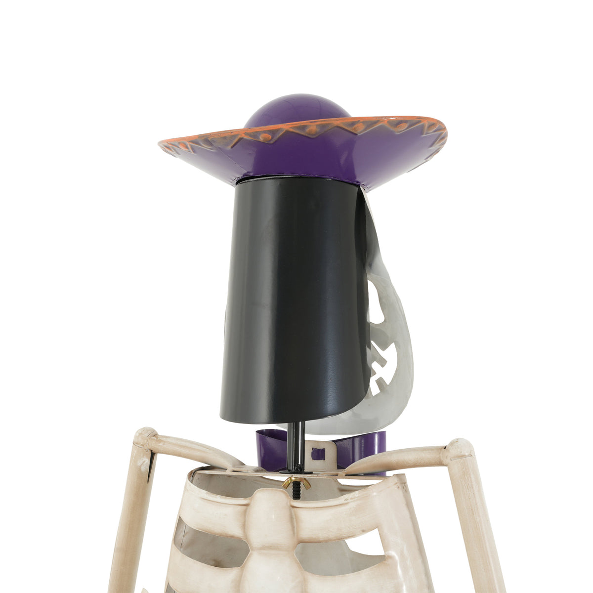 Halloween Skeleton Guitar Yard Decoration, 61.8 Inch Metal Statue with Purple Hat and Bow Tie in Ivory White for Outdoor Porch, Lawn, and Party Decor