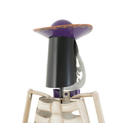 Halloween Skeleton Guitar Yard Decoration, 61.8 Inch Metal Statue with Purple Hat and Bow Tie in Ivory White for Outdoor Porch, Lawn, and Party Decor