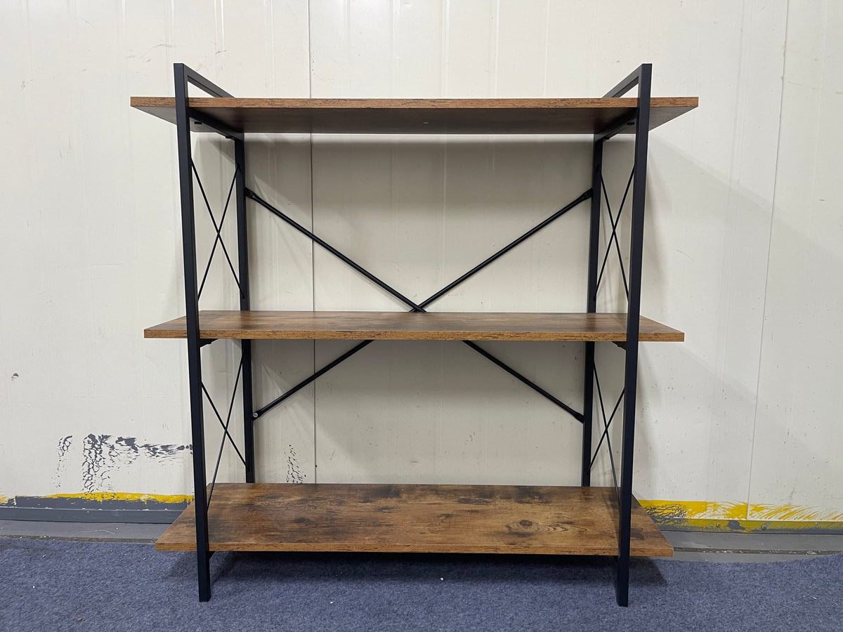 3-Tier Bookshelf, Horizontal Bookcase with Open Storage Shelves, Rustic Industrial Plant Stand, Wood & Metal Shelf for Living Room, Bedroom & Home Office (Rustic Brown)