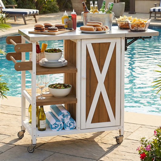 Foldable Outdoor Kitchen Island with Stainless Steel Worktop and Wood Frame, White+Brown, Portable Prep Station