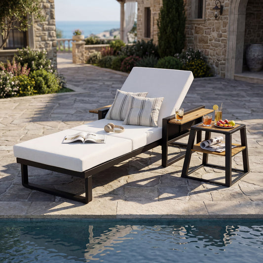 Black Iron & Teak Finish Chaise Lounge Set: 1 Frame + 1 3-Fold Cream Cushion, 400 lbs Capacity, 4-Position Adjustable Backrest, 4" Thick Water-Resistant Cushion for Patio Poolside Backyard
