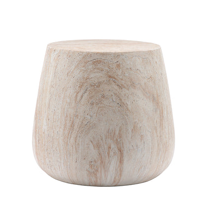 Drum Shaped Accent Coffee Table, MgO Faux Travertine Round Coffee Table, Indoor & Outdoor Decorative Table for Living Room Patio Yard, Top Dia 14.57" x Bottom Dia 18.90" x H 16.54"