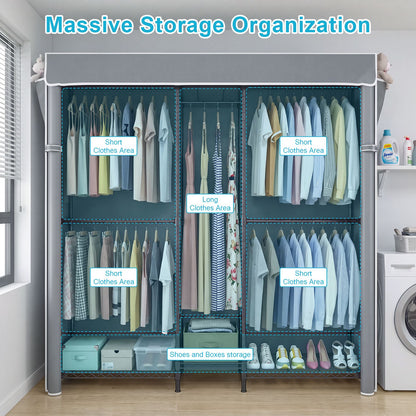 Heavy Duty Closet Organizer System, Freestanding Clothing Rack with Shelves, Adjustable Garment Rack with Grey Cover & Side Pocket, Portable Closets for Hanging Clothes, 72.8''×17.7''D×76.77''H, Black