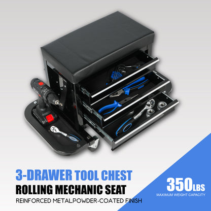 3-Drawer Tool Chest Rolling Mechanic Seat with Tool Trays, 350lbs Max Weight Capacity, Black