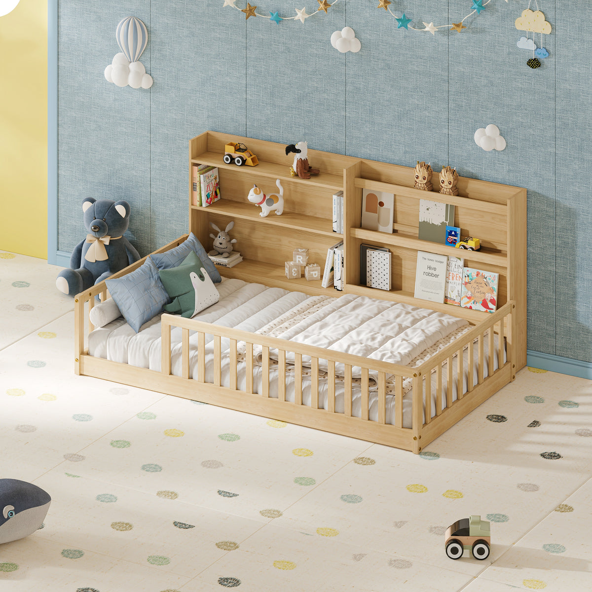 Twin Montessori Floor Bed with Bookshelf & Safety Rails, Natural,Solid pine wood kids bed with integrated bookshelf, low-to-ground Montessori design, safety fence rails and wide entrance.