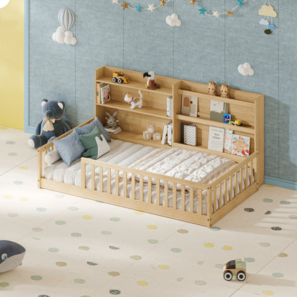 Twin Montessori Floor Bed with Bookshelf & Safety Rails, Natural,Solid pine wood kids bed with integrated bookshelf, low-to-ground Montessori design, safety fence rails and wide entrance.