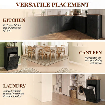 Tilt Out Trash Can Cabinet, 10-Gallon Farmhouse Hidden Garbage Cabinet with Drawer, Dog Proof Wooden Trash Storage Cabinet for Kitchen, Laundry, Living Room, Office
