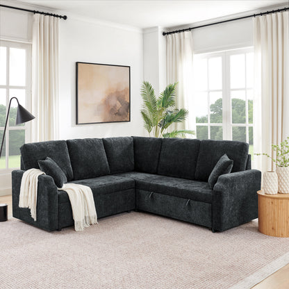 81.2'' Modular Sectional Sofa with Pull Out Bed, 5-Seater L Shaped Sectional Sleeper Couch with Hidden Storage, Chenille Convertible Couches for Living Room, Apartment (Black)