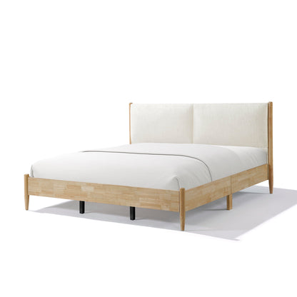 King Natural wood  Bed Frame with White Cozy Upholstered Headboard