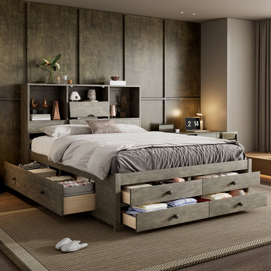 Queen Size Platform Bed with Storage Headboard and 8 Drawers, Gray