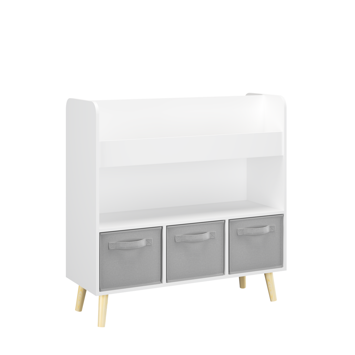 Kids Bookshelf with 3 Fabric Bins, Modern Children's Bookcase with Storage for Toys and Books, Toddler Book Organizer Shelf for Playroom, Bedroom, or Nursery, White and Gray