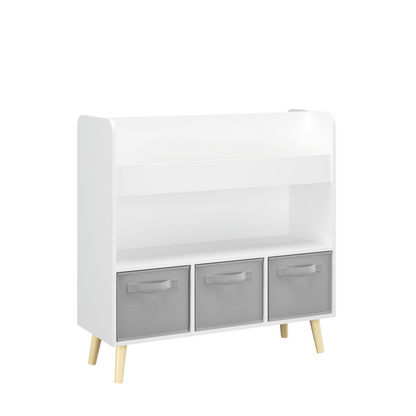 Kids Bookshelf with 3 Fabric Bins, Modern Children's Bookcase with Storage for Toys and Books, Toddler Book Organizer Shelf for Playroom, Bedroom, or Nursery, White and Gray
