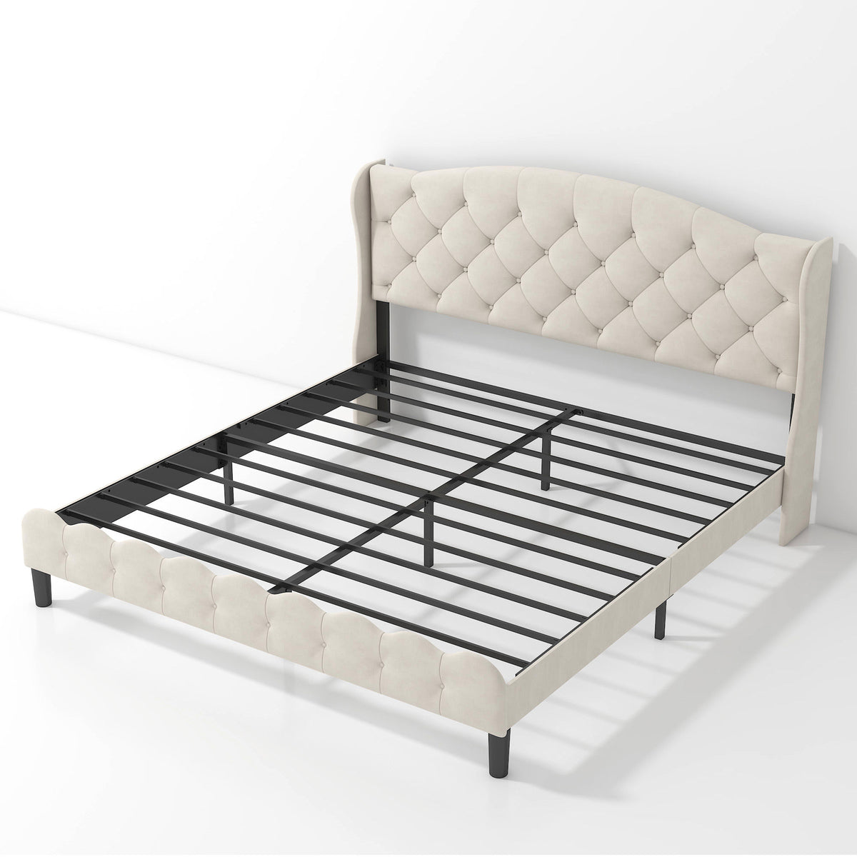 King Size Upholstered Platform Bed Frame with Velvet Tufted Headboard, Heavy Duty Metal Slats Support, No Box Spring Needed, Modern Wingback Design, Cream Beige