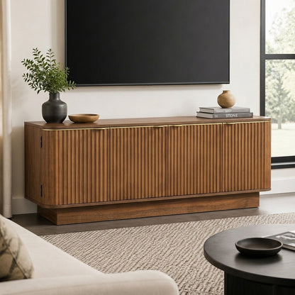VIBE HAUS Mid-Century Modern TV Stand for 70 Inch TV, Fluted Wood Media Console with Adjustable Shelves and Cable Holes, Entertainment Center with Storage Cabinets, FarmhouseTV Cabinet for Living Room