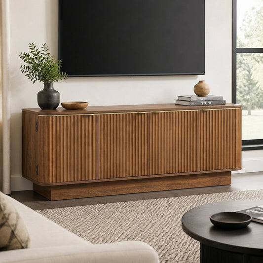 VIBE HAUS Mid-Century Modern TV Stand for 70 Inch TV, Fluted Wood Media Console with Adjustable Shelves and Cable Holes, Entertainment Center with Storage Cabinets, FarmhouseTV Cabinet for Living Room