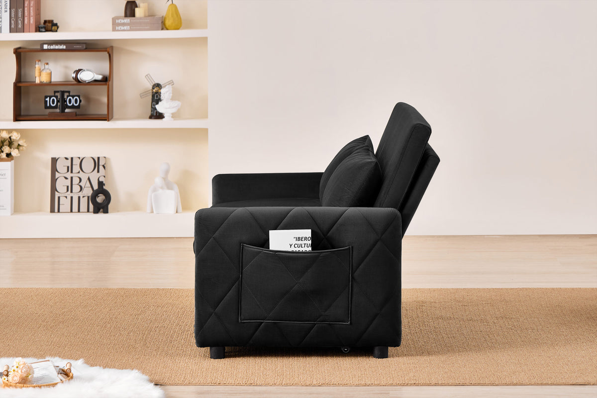 51.2' Velvet Convertible Sleeper Sofa Bed, 5-Position Adjustable Backrest Loveseat with Pull-Out Bed, Side Pocket, Multi-Functional 2-Seater Couch for Living Room, Apartment, Small Space