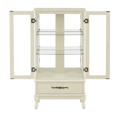 Curio Cabinet Lighted Glass Cabinet Glass Wine Cabinet Curio Display Cabinet with Adjustable Glass Shelves 2 Doors and 1 drawer Cabinet – Antique White