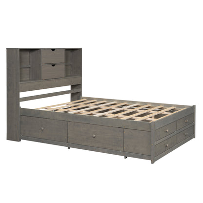 Queen Size Platform Bed with Storage Headboard and 8 Drawers, Gray