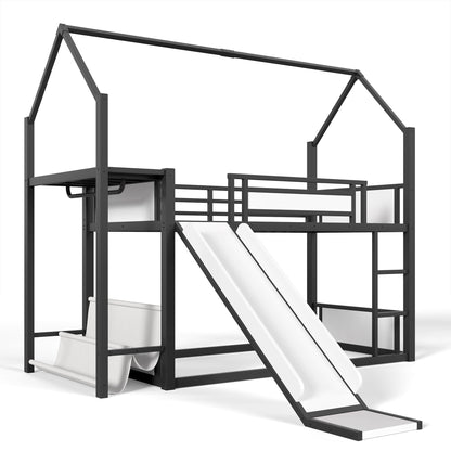 Twin Over Twin Metal Bunk Bed with Slide, LED Clothing Hanging Area, Fabric Storage Shelf & Power Outlet, Childlike Playhouse bunk bed Frame with low-profile design for Kids Girls,boys, Black