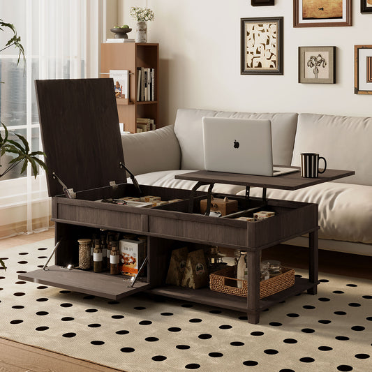 U-Can Lift-Top Coffee Table with Hidden Compartment, Open Shelf, and Adjustable Desktop, brown