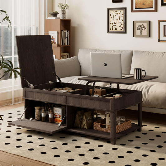 U-Can Lift-Top Coffee Table with Hidden Compartment, Open Shelf, and Adjustable Desktop, brown