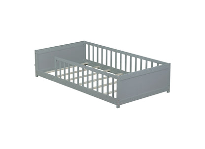 Twin size Floor Platform Bed with Built-in Book Rack, Grey