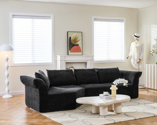 Modern Minimalist Modular Sectional Sofa, Left Arm, Wide Armrests & Throw Pillows, Elegant Curved Corner Sofa for Living Room & Bedroom-Black