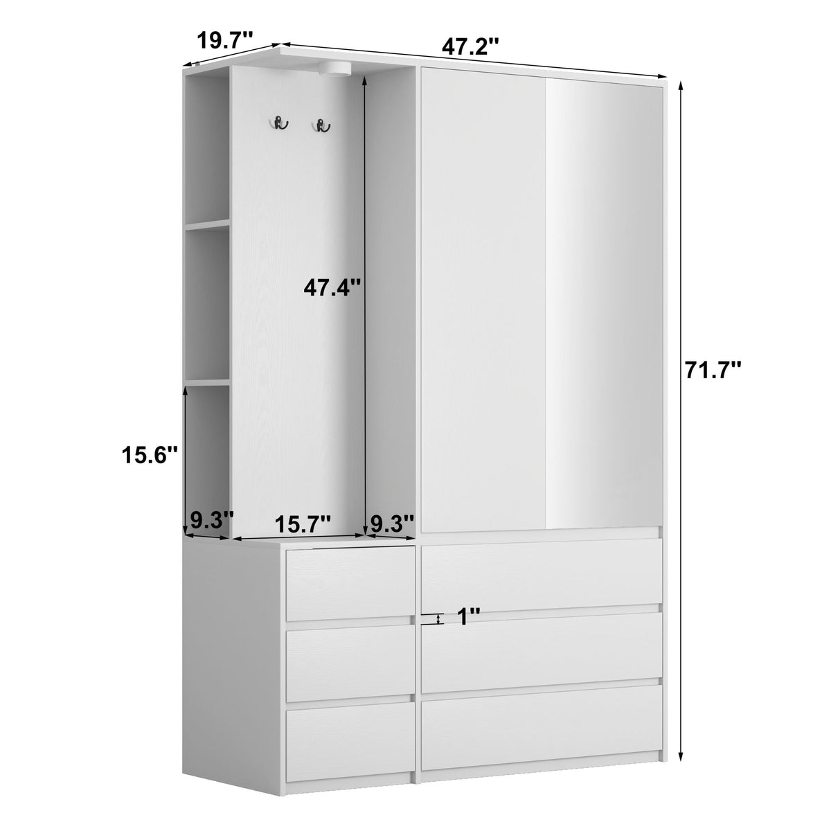 Wardrobe Closet 71.7" H, Bedroom Wooden Wardrobe with 2 Doors 6 Drawers – White