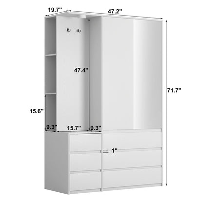 Wardrobe Closet 71.7" H, Bedroom Wooden Wardrobe with 2 Doors 6 Drawers – White