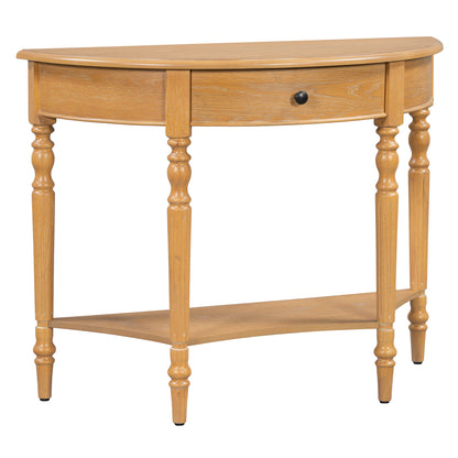 TREXM Farmhouse Half Moon Console Table with Drawer & Shelf - Rustic Accent Table, Sofa Table, Hallway and Foyer (Natural)