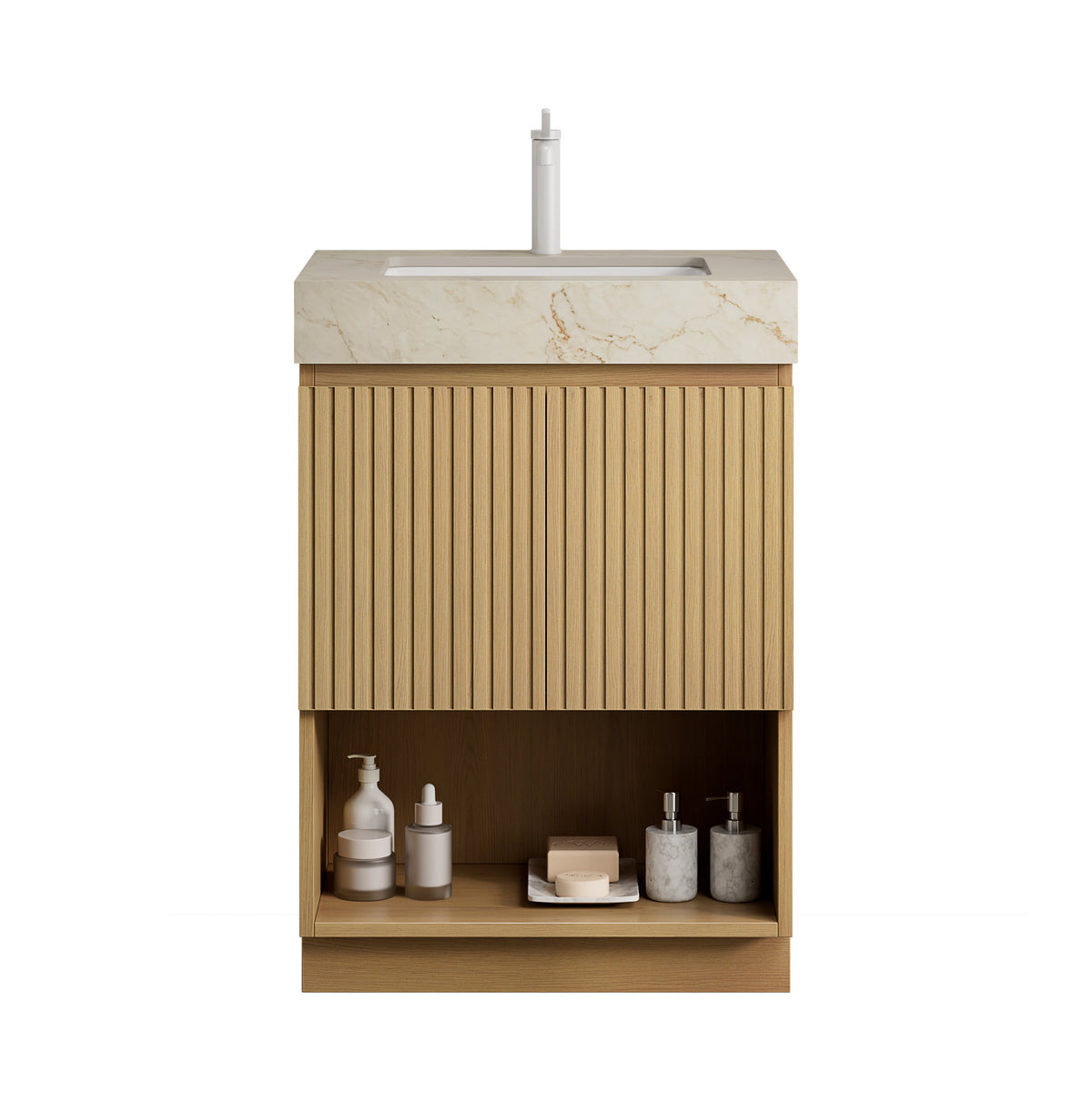 FINO 24" Bathroom Vanity&Sink,Freestanding Cabinet,Cream Gold Vein Sintered Stone Top&Ceramic Basin with 1 Pre-drilled Faucet Hole, Disassembled, Faucet & Drain Excluded, Corolla Oak Woodgrain Color