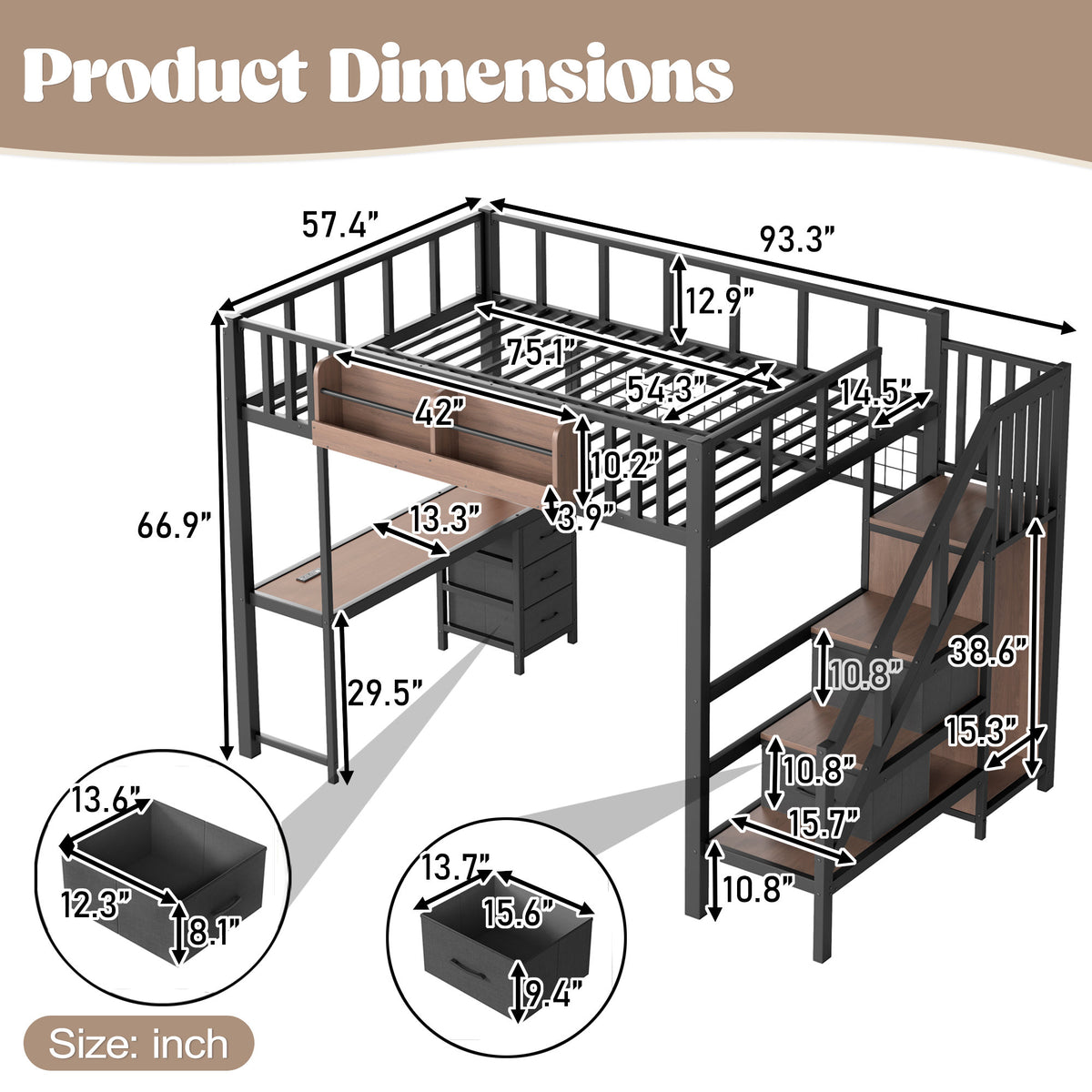 Full Size Loft bed with desk, Heavy Duty save space Loft Bed with Drawers & Storage Stair, All-in-One Metal Frame Multi-Functional Loft Bed for Teens Adults, Black