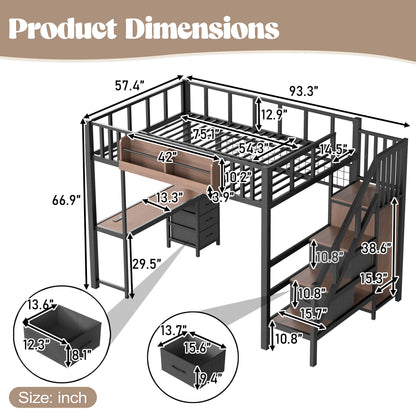 Full Size Loft bed with desk, Heavy Duty save space Loft Bed with Drawers & Storage Stair, All-in-One Metal Frame Multi-Functional Loft Bed for Teens Adults, Black