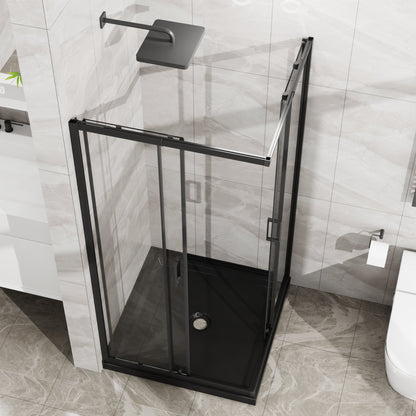 36" x 36" x 72" Corner Sliding Shower Door and Black Shower Base Combo Kit, Clear Tempered Glass, Matte Black Frame Dood & Reinforced Acrylic Base Set