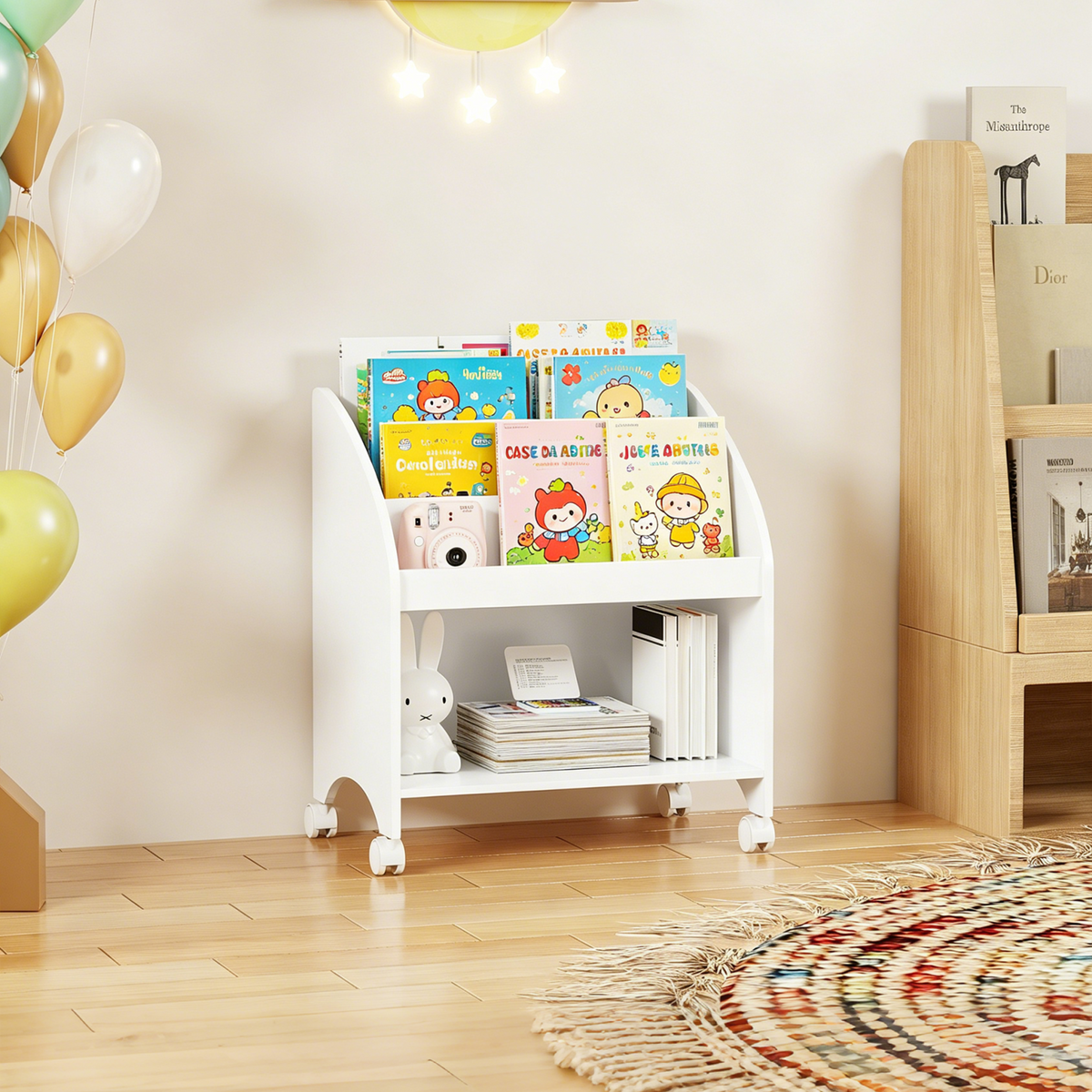 Kids Bookshelf with Wheels, 3-Tier Front Display Bookcase, MDF Rolling Book Organizer with 360° Lockable Casters, Children Storage Shelf for Nursery Bedroom Playroom