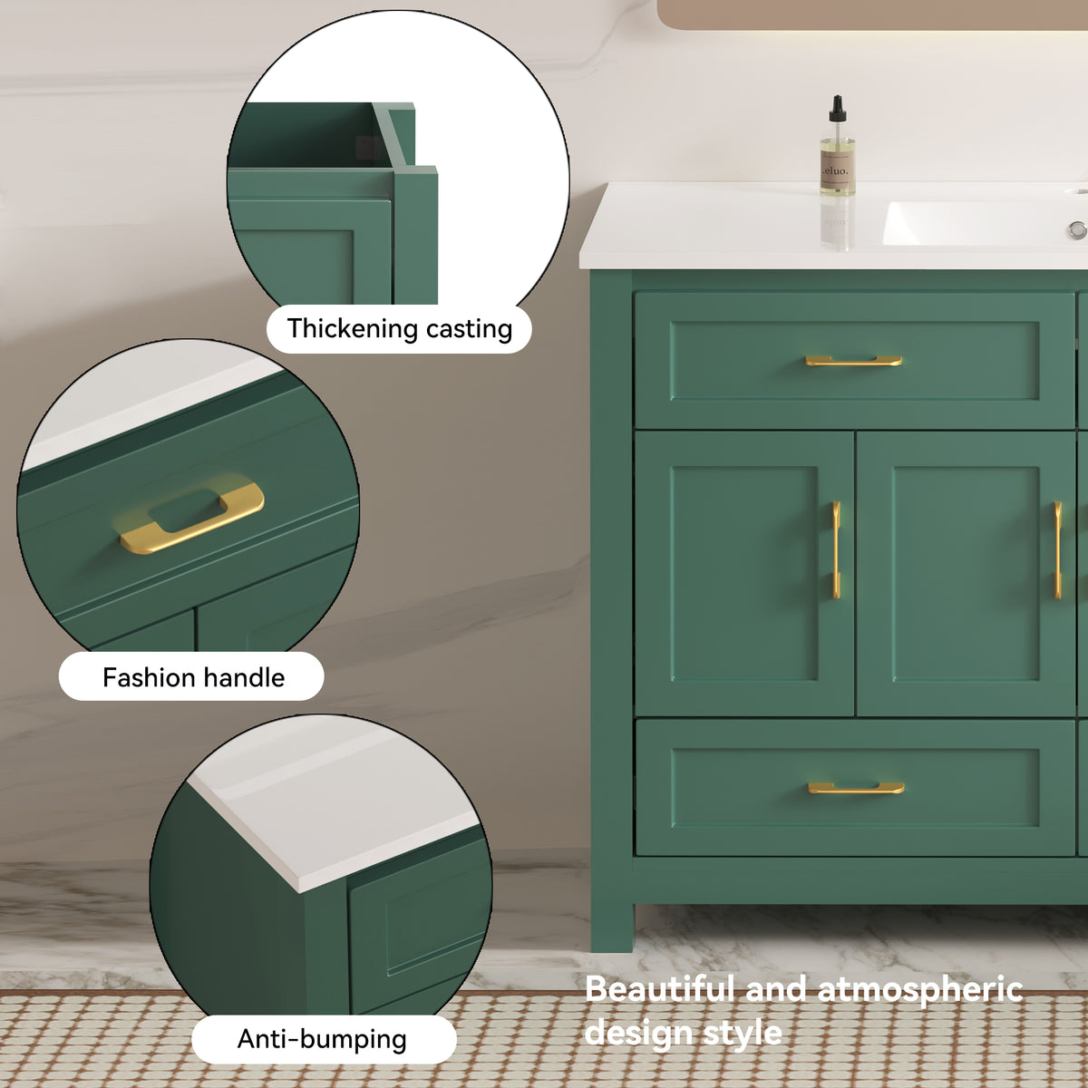 48" Green Bathroom Vanity with Resin sink Combo, Abundant Storage Cabinet -4 Soft close doors and 4 drawers