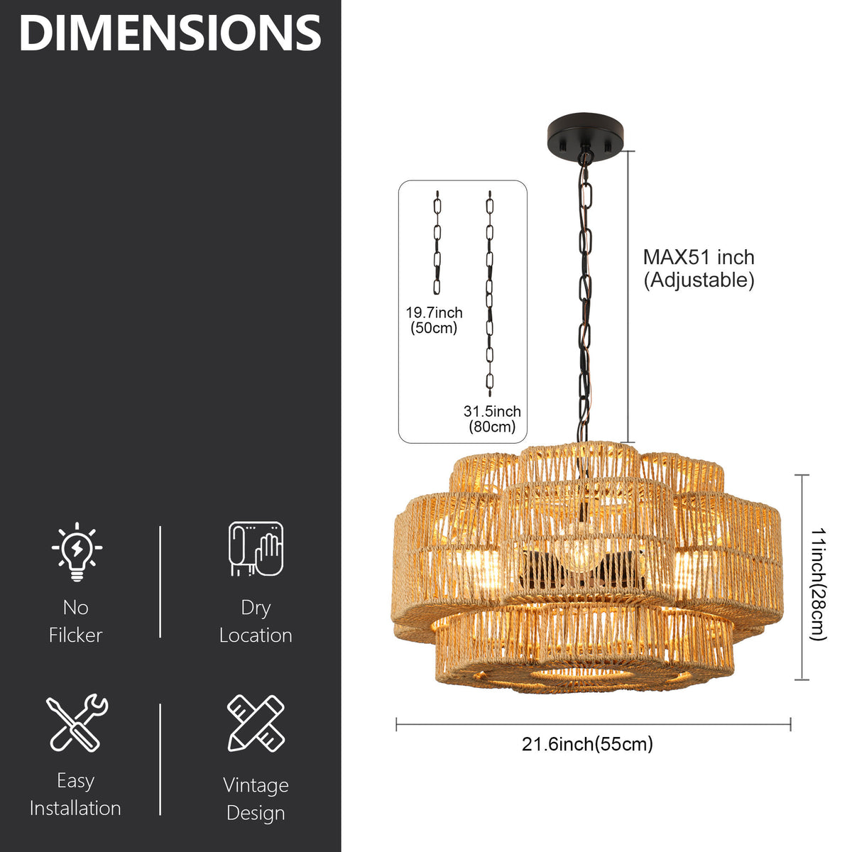 21.65" 2-Tier Black Paper Rope Chandelier, 6xE26 Max 60W Pendant Light with Adjustable Hanging Chain