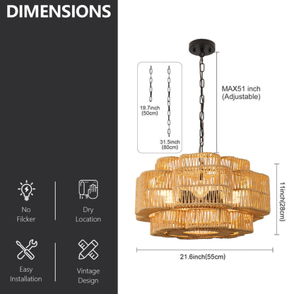 21.65" 2-Tier Black Paper Rope Chandelier, 6xE26 Max 60W Pendant Light with Adjustable Hanging Chain