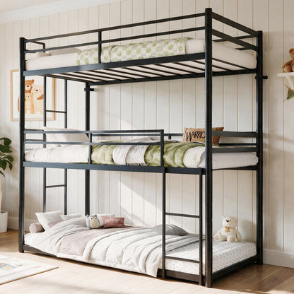 Metal Triple Bunk Bed Twin over Twin over Twin, Convertible 3-in-1 Detachable Bed Frame with Anti-Tip Bracket, Guardrails, Slats Support, Noise Free, No Box Spring, Black