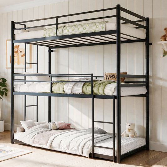 Metal Triple Bunk Bed Twin over Twin over Twin, Convertible 3-in-1 Detachable Bed Frame with Anti-Tip Bracket, Guardrails, Slats Support, Noise Free, No Box Spring, Black