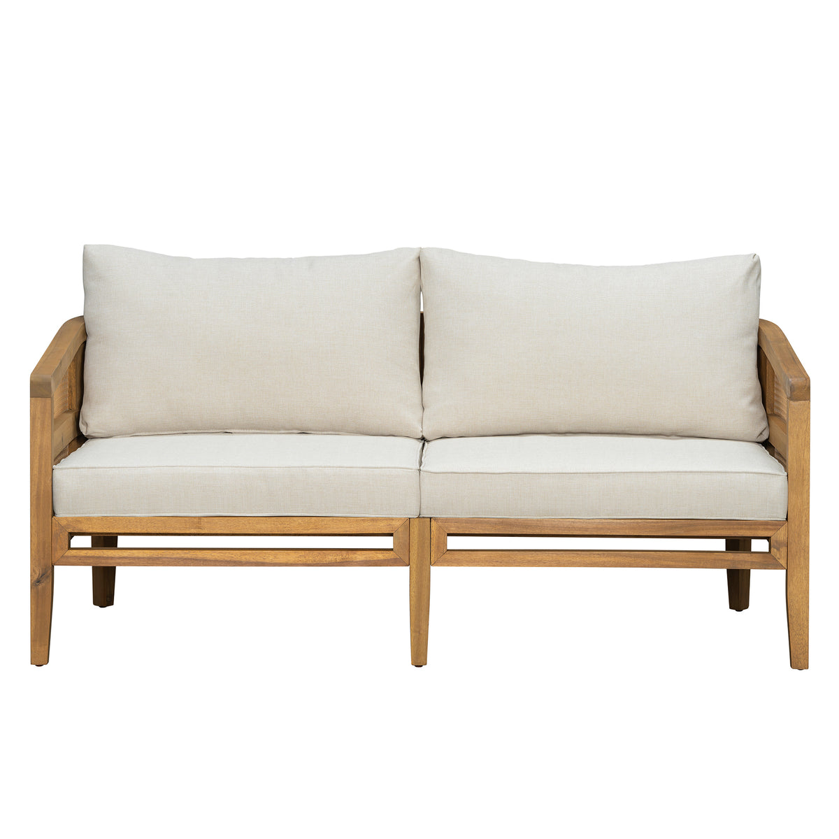 TOPMAX 5-Piece Acacia Wood Patio Furniture Set, Modular Outdoor PE Rattan Sofa Set with Loveseat, 2 Armchairs & Round Coffee Table, Water-Resistant Cushions for Backyard Poolside, Beige