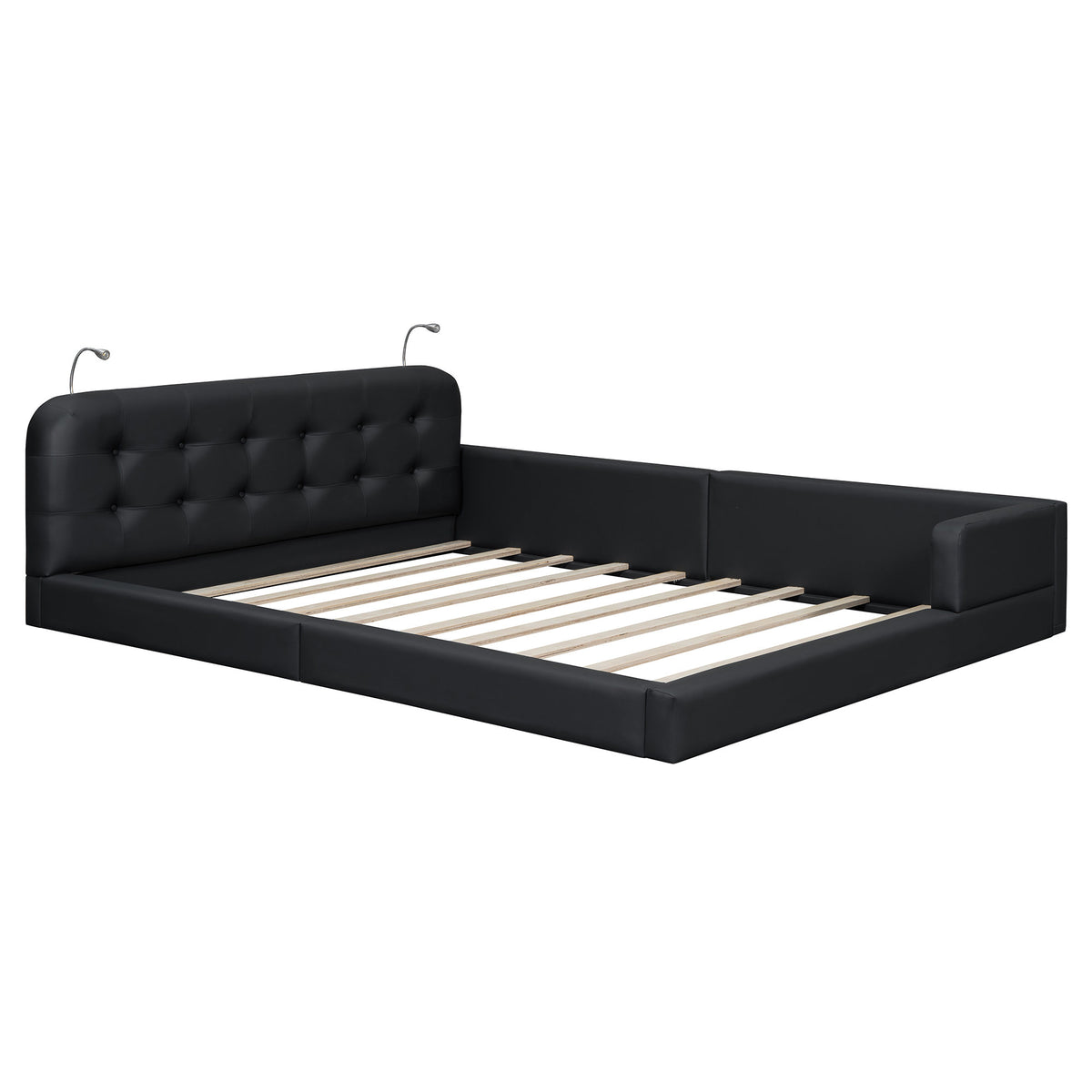 Queen Size Upholstered Platform Bed with 2 Reading Lights, Black