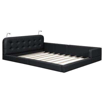 Queen Size Upholstered Platform Bed with 2 Reading Lights, Black