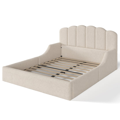 Queen Teddy Fabric Upholstered Floor bed, Stylish Upholstered Kids bed, Low Profile Children Bed Frame, Soft Plush Upholstered Floor bed for Kids &Teens.Beige